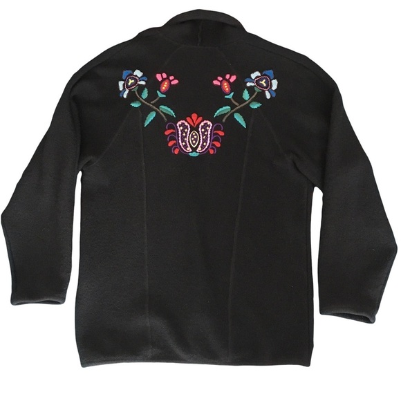 TUNDRA 100%Pure Virgin Wool Black Floral Embroidered Feminine Cozy 2-Button Coat - Picture 4 of 14